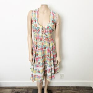 [Vintage] 60s Malco Modes Plaid Floral Lace Trim Fit & Flare Lace Up Dress Sz 16